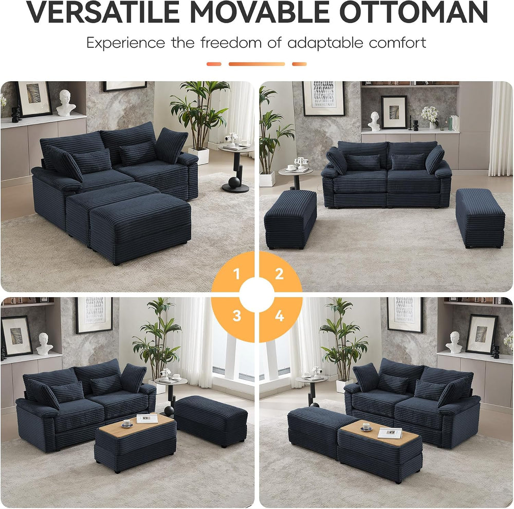 75" Corduroy Loveseat with Storage Ottoman, Cloud Deep Seat Couch with C...