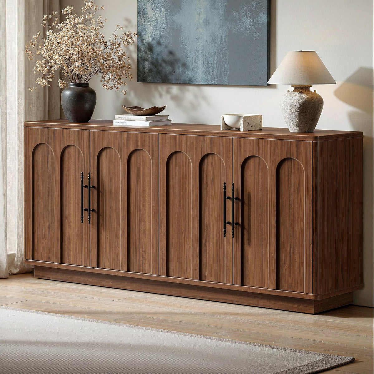 Evermagin 67" Arched Walnut Sideboard Buffet Cabinet with Storage