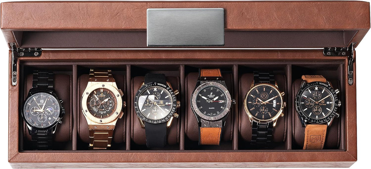 Glenor Co 6 Watch Box for Men - Mens Watch Case w Glass Lid – Luxury Mens Watch Box - Watch Holder for Men w Metal Accents & Sturdy Hinges - Modern & Masculine Watch Display Case Brown