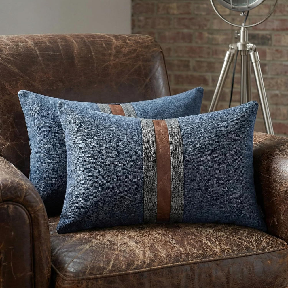 Set of 2 Leather Throw Pillow Covers Cotton Linen Decor Patchwork Pillow Cove...