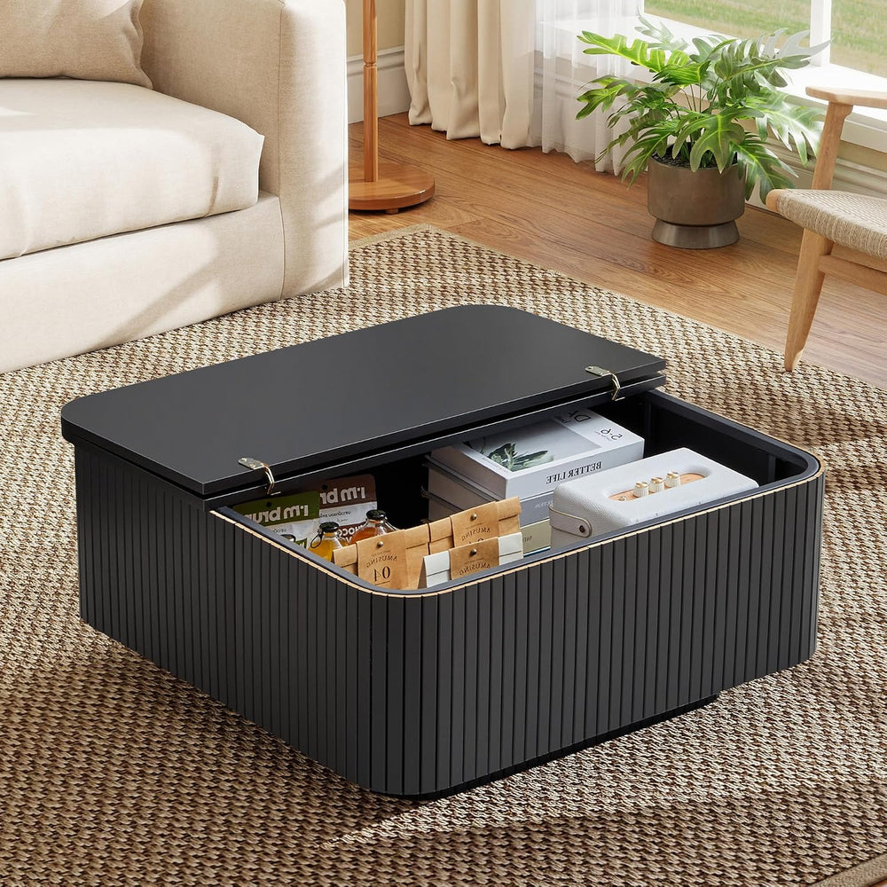 31.5" Square Coffee Table with Storage, Fluted & Floating Base (Black)