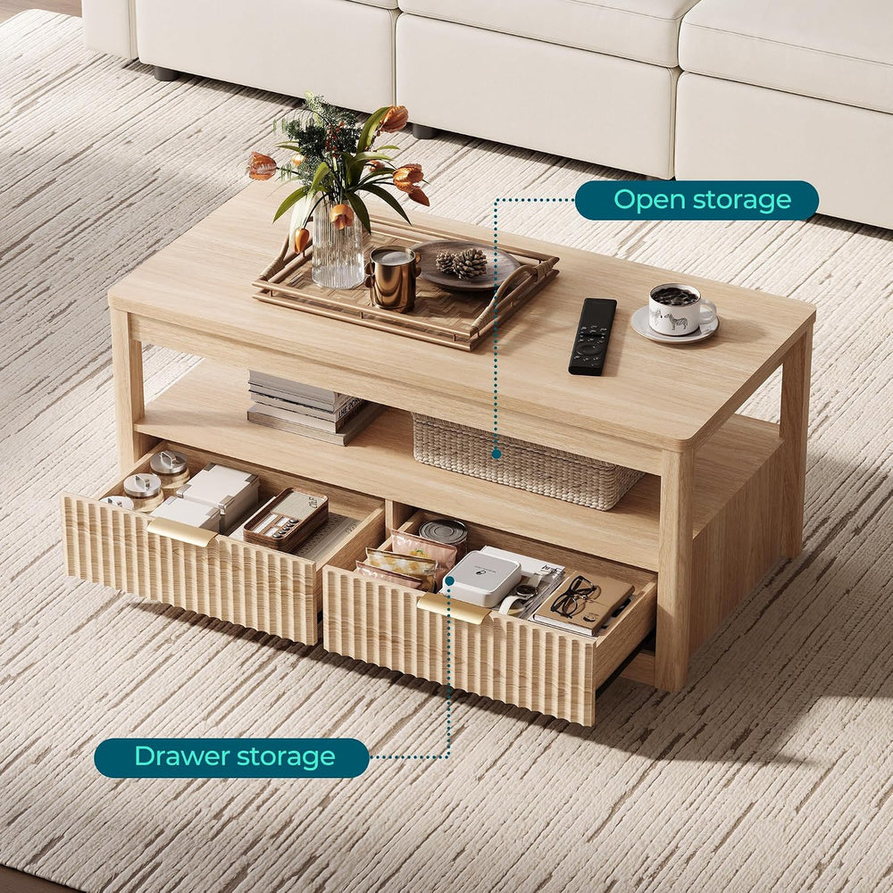 LINSY Home Farmhouse Coffee Table with Hidden Storage, Oak | Wood Coffee Tabl...