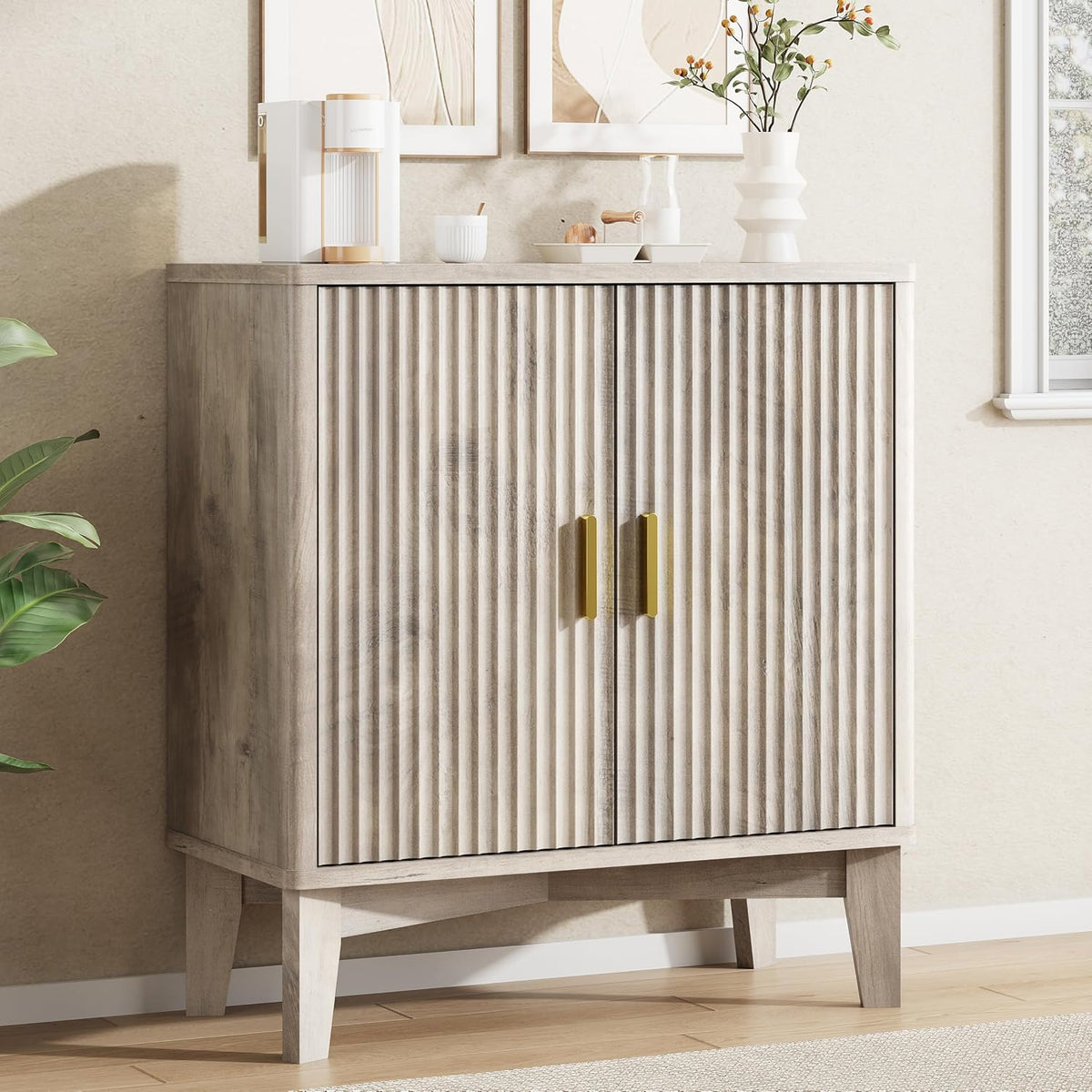 Xixini Fluted Sideboard Buffet Cabinet, 30" Wood Coffee Bar Cabinet, Grey