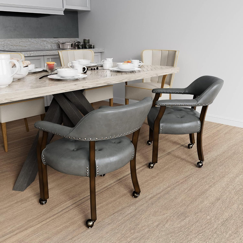 Set of 4 Dining PU ArmChairs with Casters, Charcoal Gray, No Table