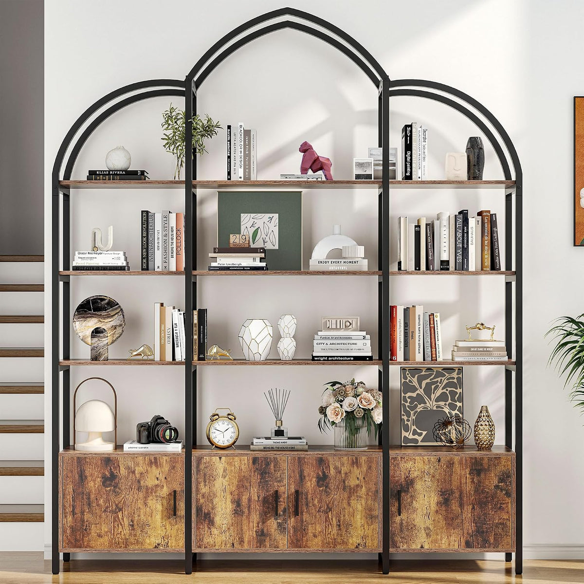 Arched Bookshelf and Bookcase with 3 Cabinets, Triple Wide 5 Tier Standing Book Shelf, Storage Display Rack Shelves, Industrial Open Bookshelf, Etagere Bookcase, Brown+Black