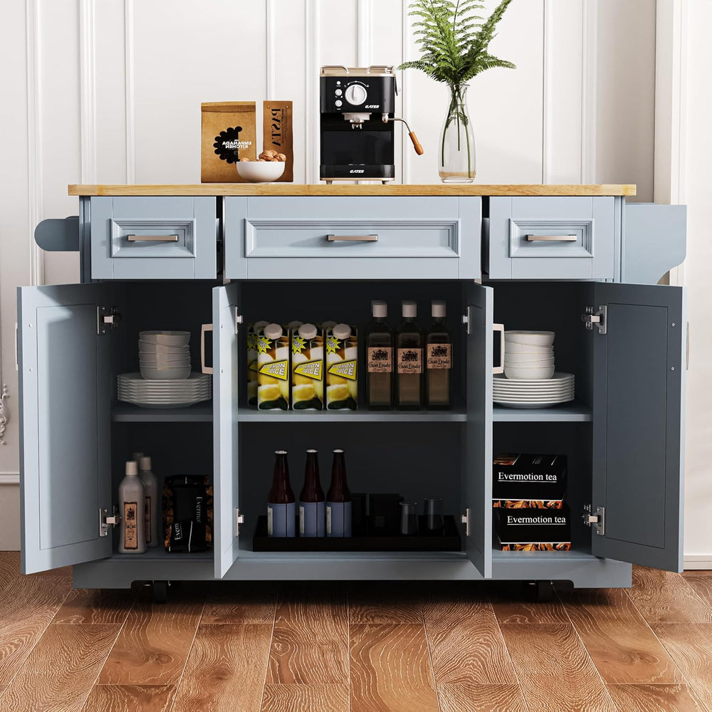 54" Gray Blue Kitchen Island with 3 Drawers, Drop Leaf and Wheels