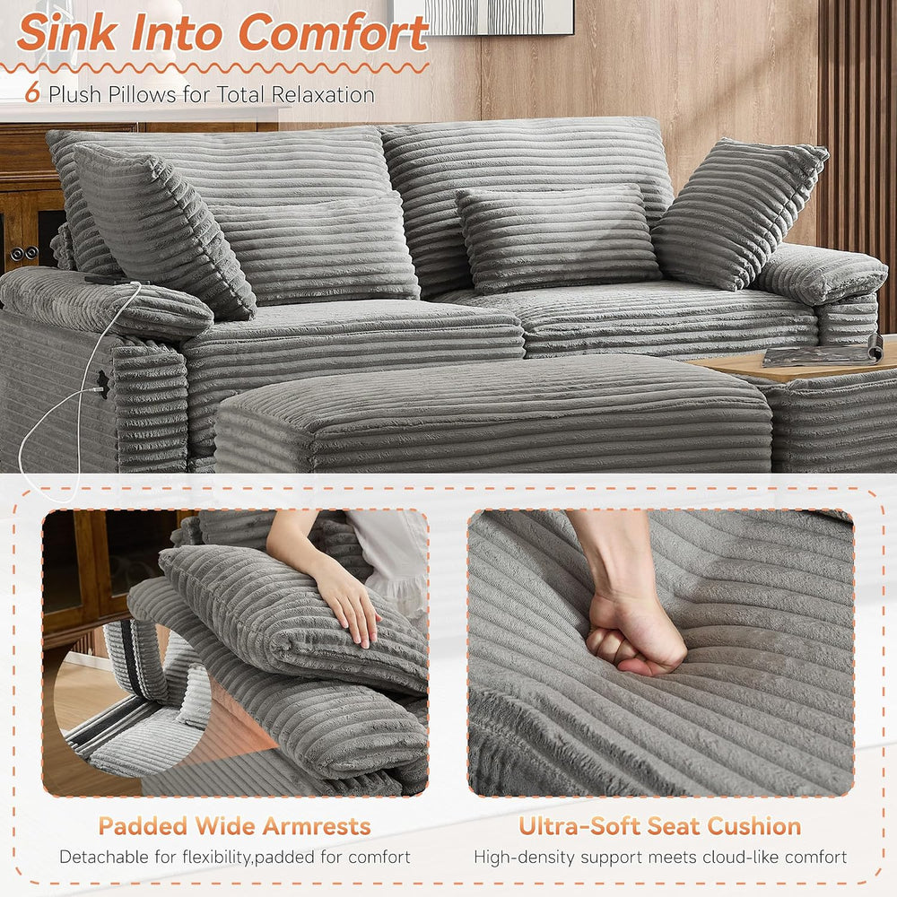 75" Corduroy Loveseat with Storage Ottoman, USB & Coffee Table, Grey