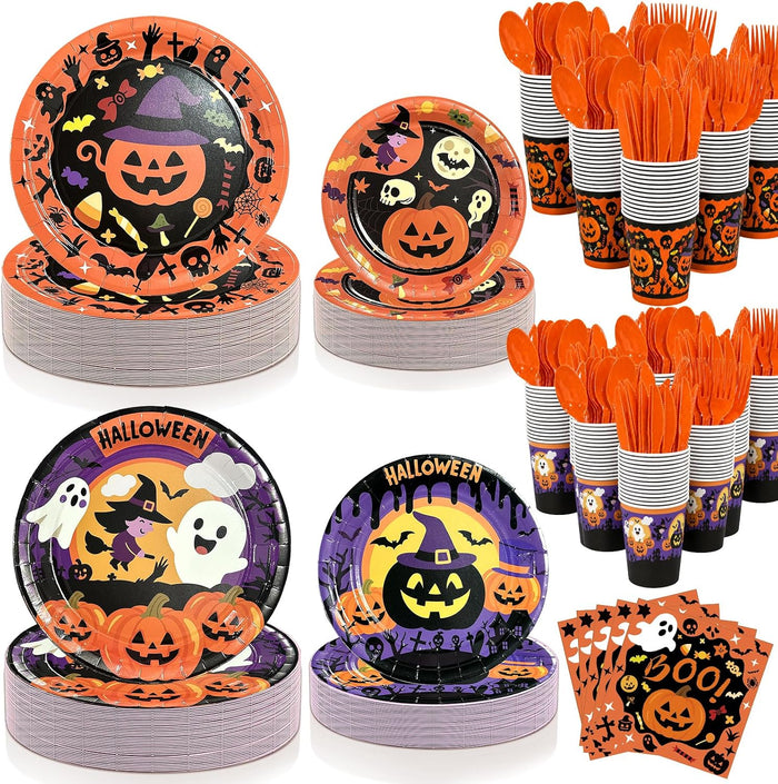 UJoyant 700 PCS Halloween Plates and Napkins Sets, Halloween Party Supplies Includes Disposable Plates Dessert Plates Napkins Cups Plastic Knives Forks Spoons Disposable Dinnerware Set （100 Guest