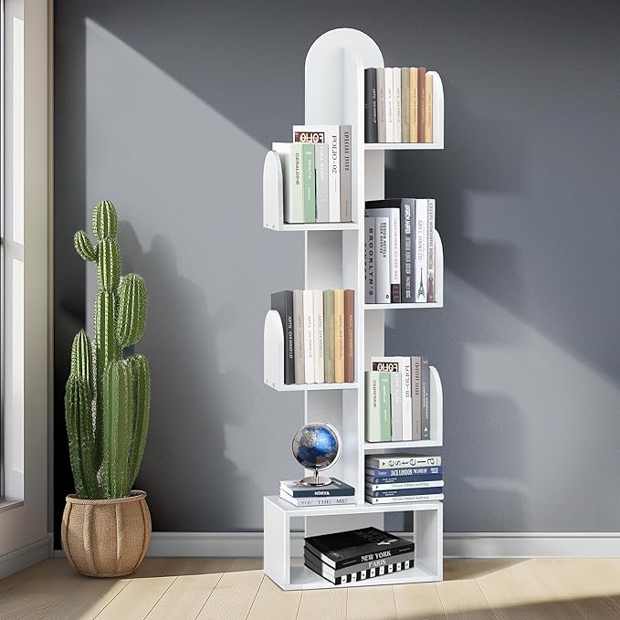 Cactus Tree Bookshelf, 5-Tier Wood 50" Tall Corner Book Storage Rack for CDs/Movies/Books, Small Space-Saving Organizer Shelves for Living Room, Bedroom, Home Office (White)