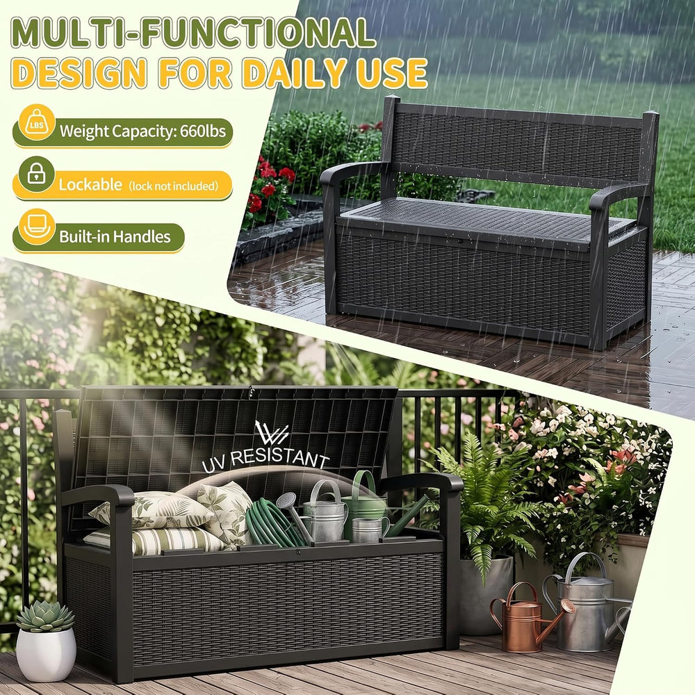 120 Gallon Outdoor Storage Bench Lockable, Rattan Black