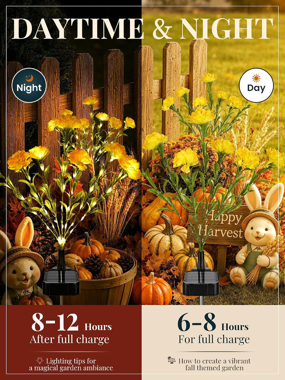 GIGALUMI 4 Pack Solar 28 Carnations Flowers Outdoor, 2 Modes, Yellow