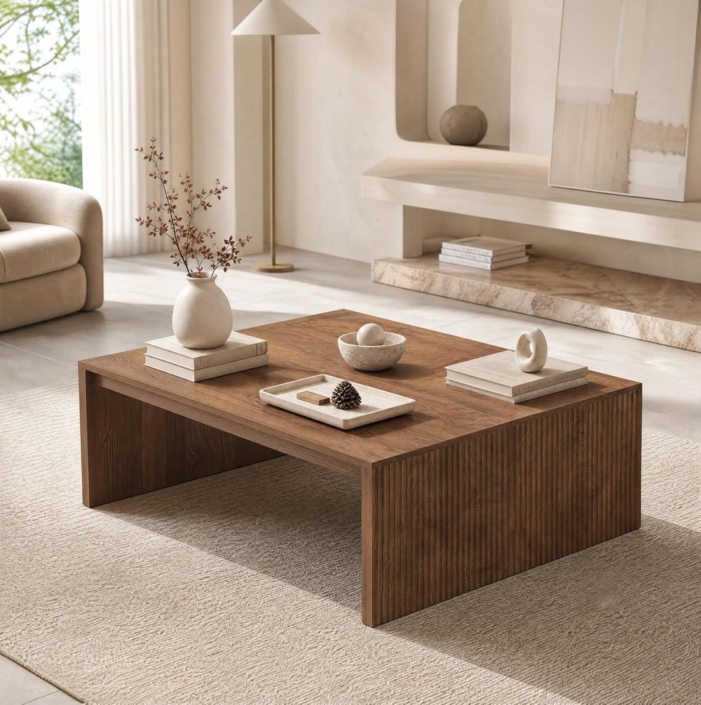 LITTLE TREE 39.4" Square Fluted Coffee Table, Mid-Century Modern Brown C...