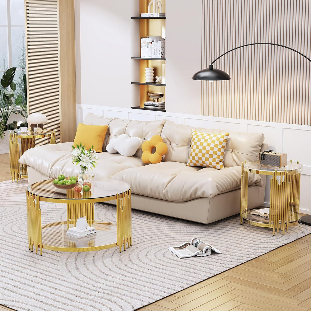 Luxury Gold Round Glass Coffee Table Set of 3, 31.5" Modern Center Table...