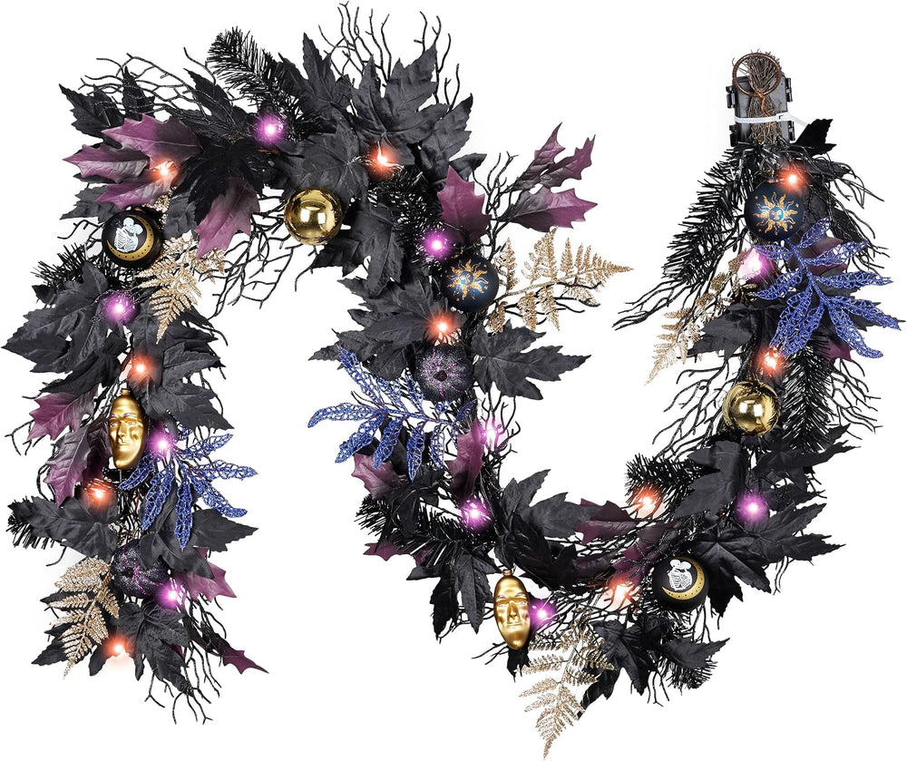 DecorbyHannah 6ft Halloween Garland for Mantle with Lights Black Leaf Decor