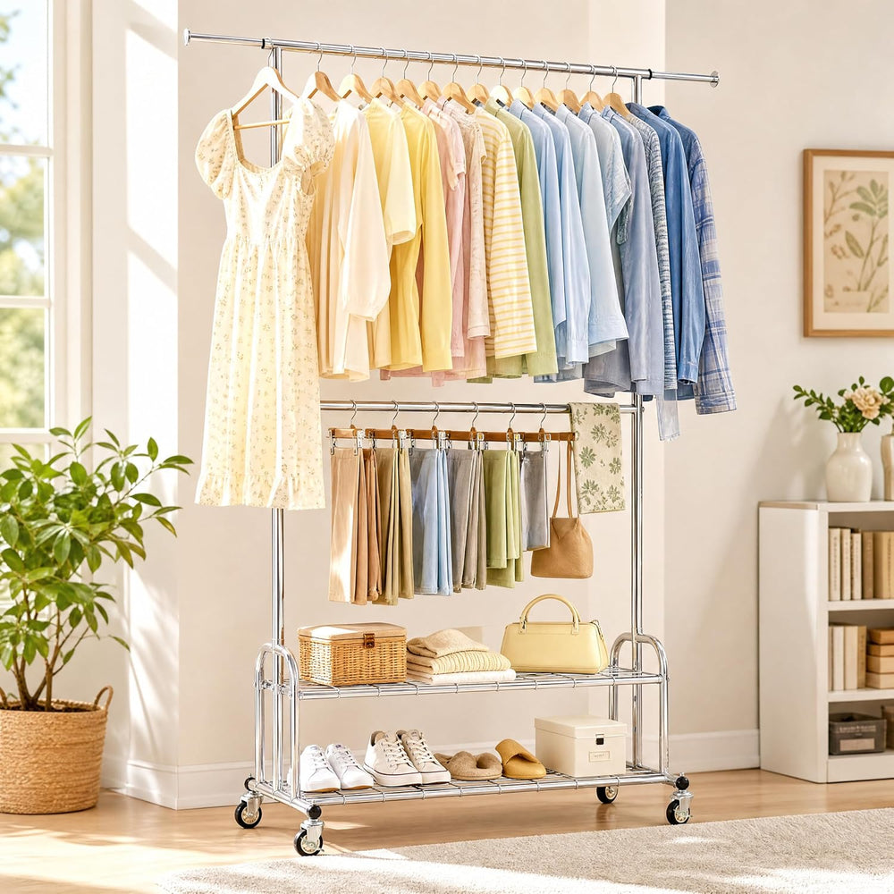 Clothes Rack, Heavy Duty Clothing Rack Load 850 LBS, Silver