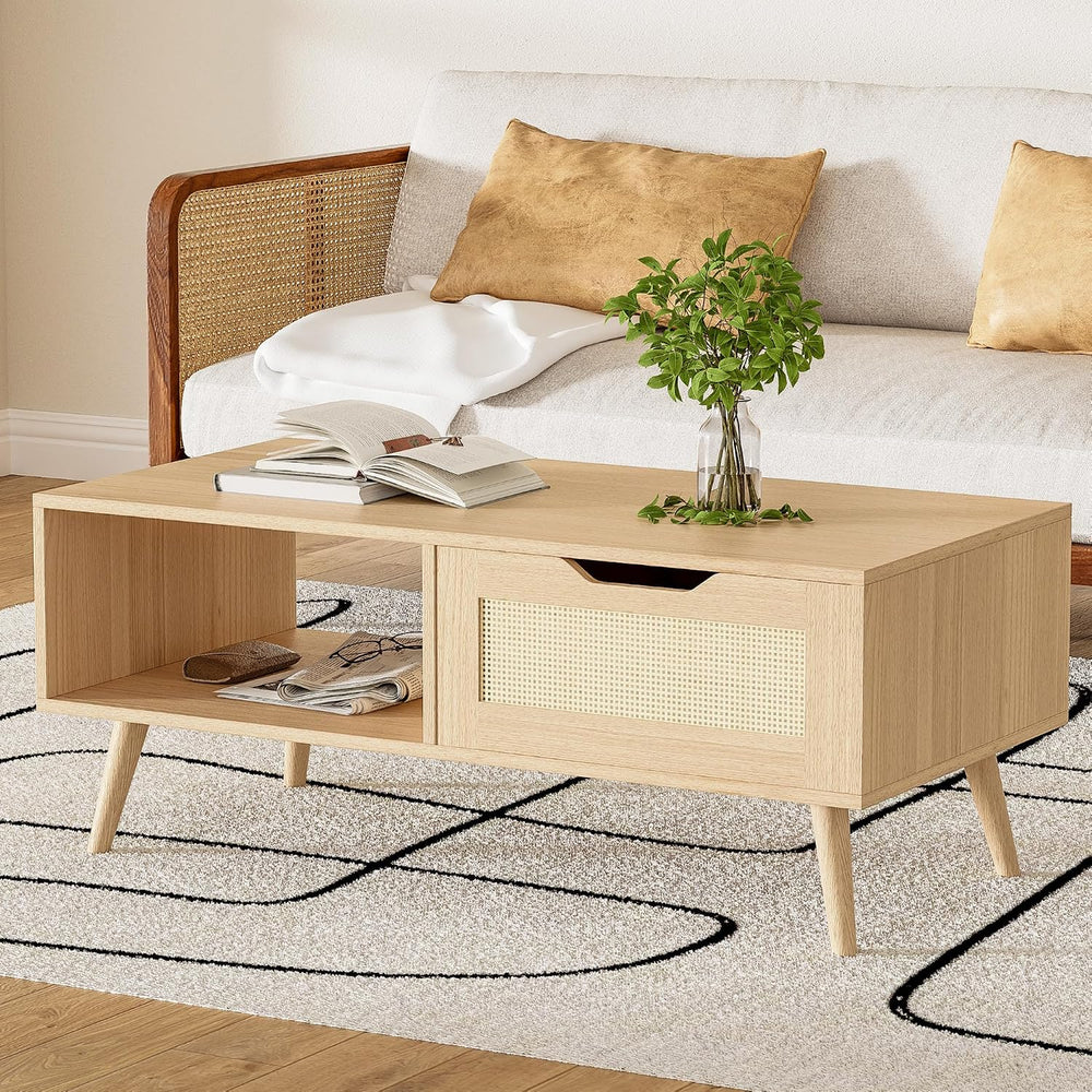 DIYART Oak Rattan Coffee Table, Mid Century Modern with Drawer & Shelf, 3...