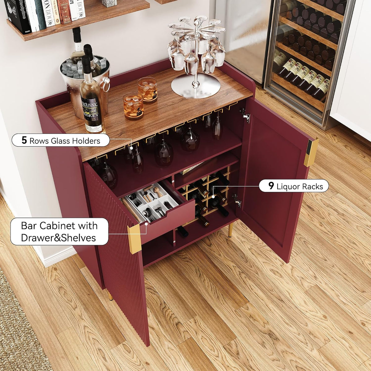 ARTPOWER Coffee Bar Cabinet with Wine Rack&Glass Holder, Red