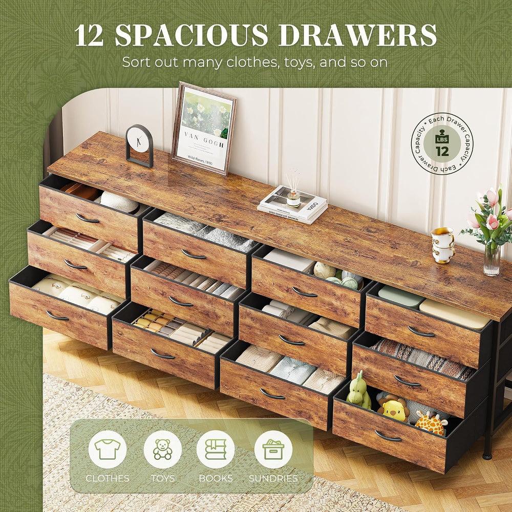 Huuger 70 Inch Dresser for Bedroom, TV Stand for 65, 75, 80 Inch TV, 12 Fabri...