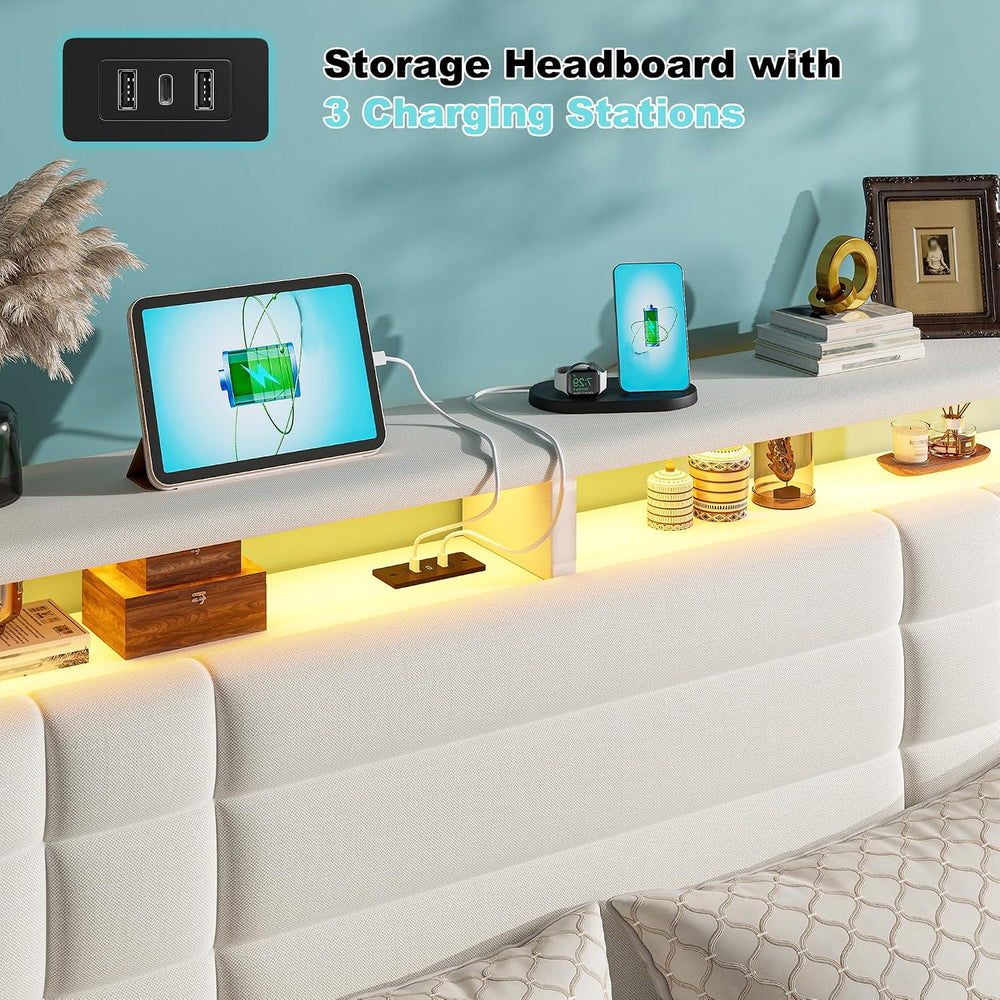EnHomee Queen Upholstered Bed Frame with LED Lights & Charge Station, Beige