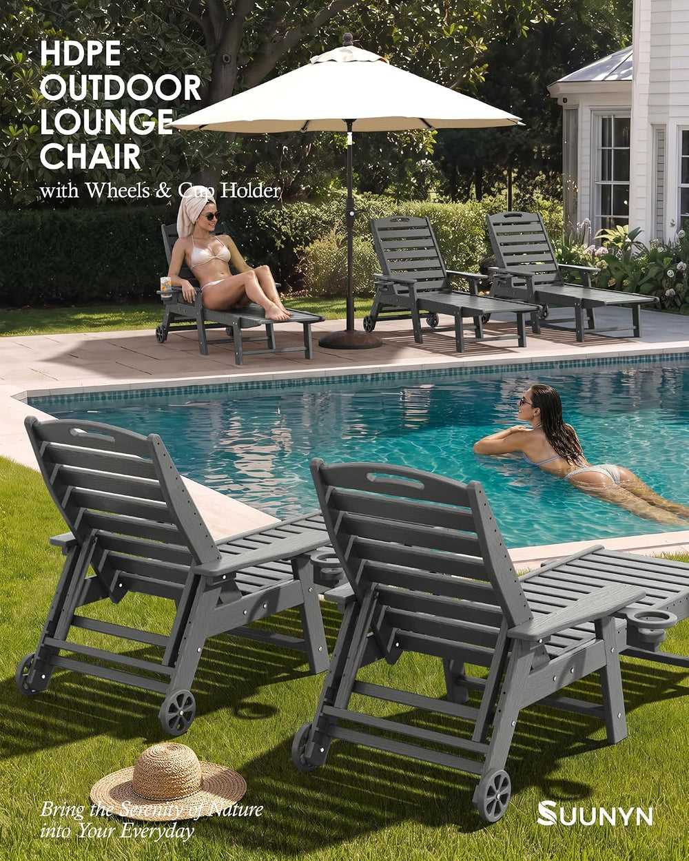 HDPE Outdoor Chaise Lounge Chair Set of 2, 77.8" Length,Dark Grey