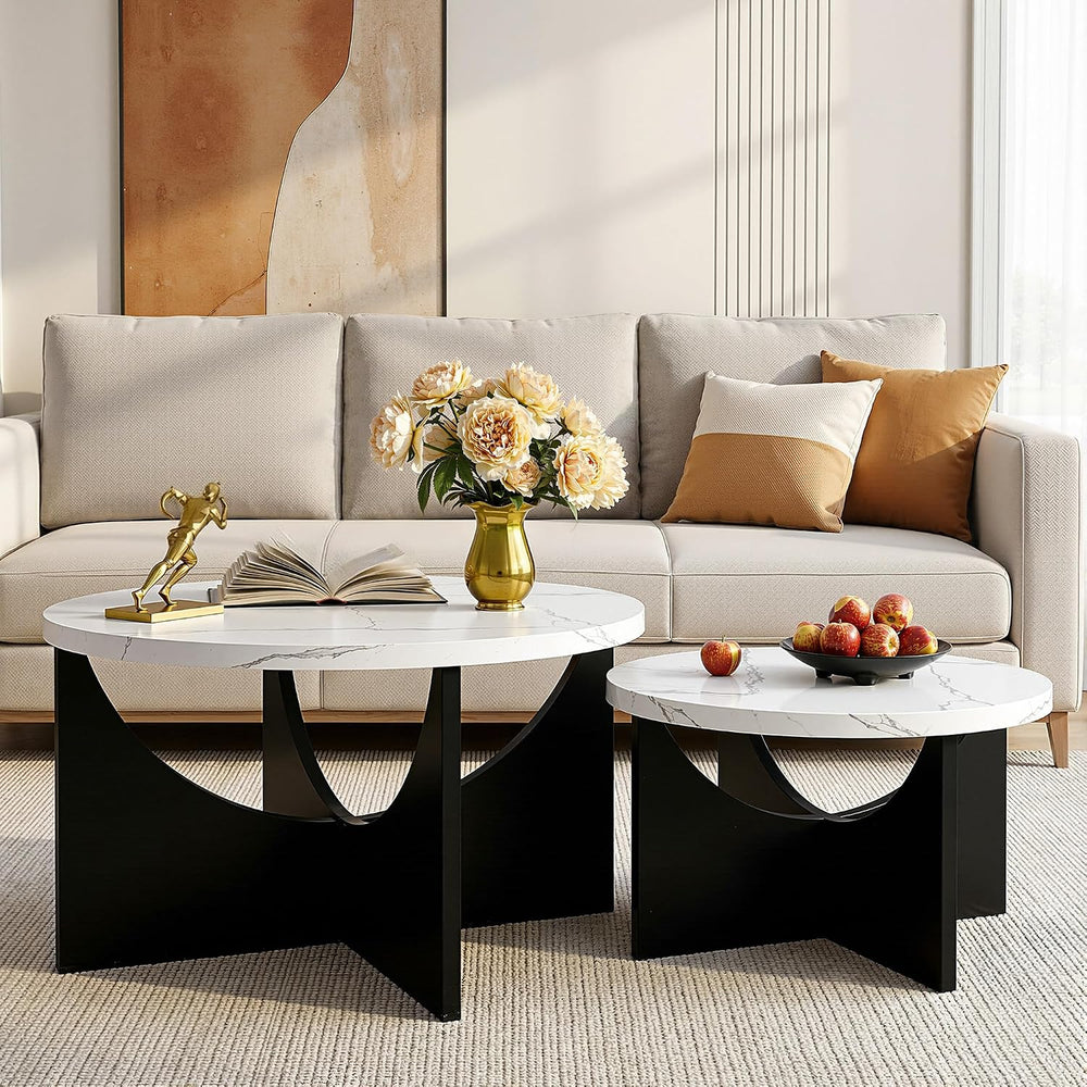 LIKIMIO Nesting Coffee Tables Set of 2, 31.5" Round Tables, Marble White