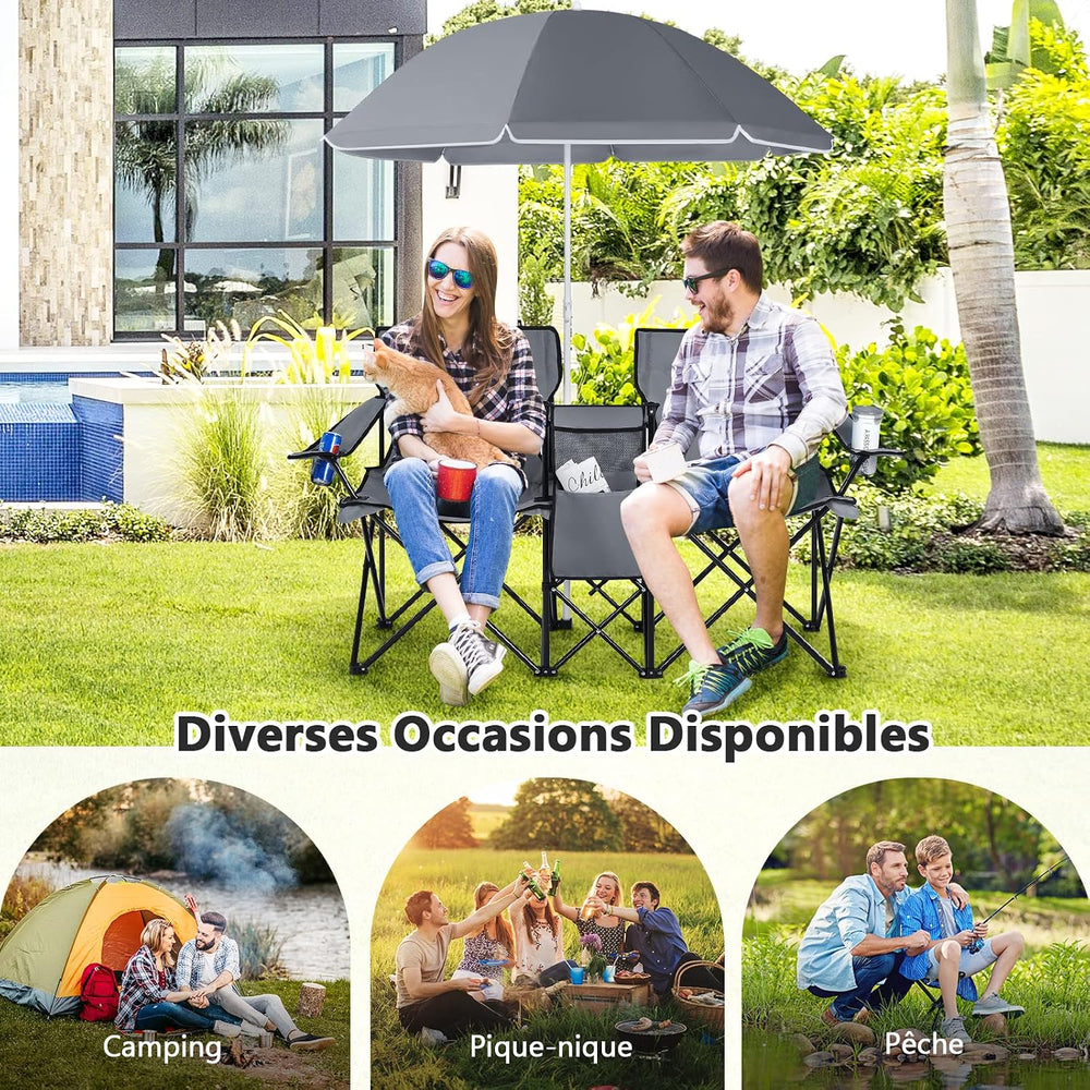 COSTWAY Folding 2 Seater Camping Chair with Parasol and Cooler, Grey