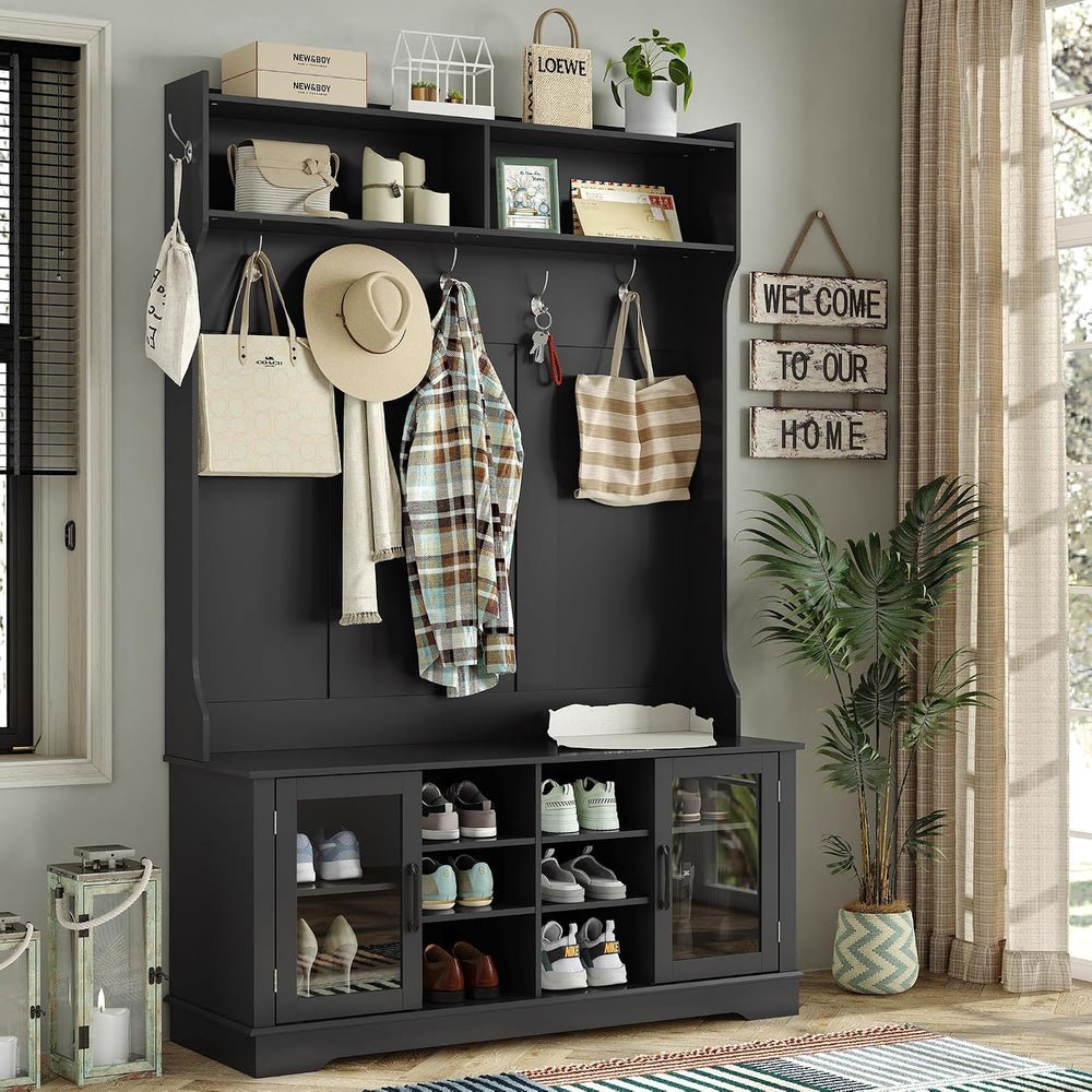 Furnihold Hall Tree, Black Entryway Bench with Coat Rack, 10 Shoe Storage &am...