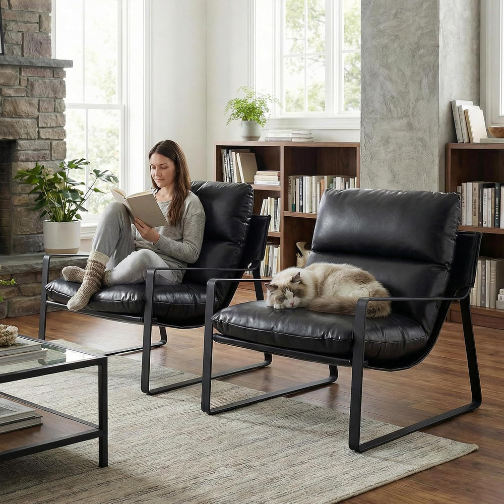DUOMAY Set of 2 Modern PU Leather Accent Armchair, Black