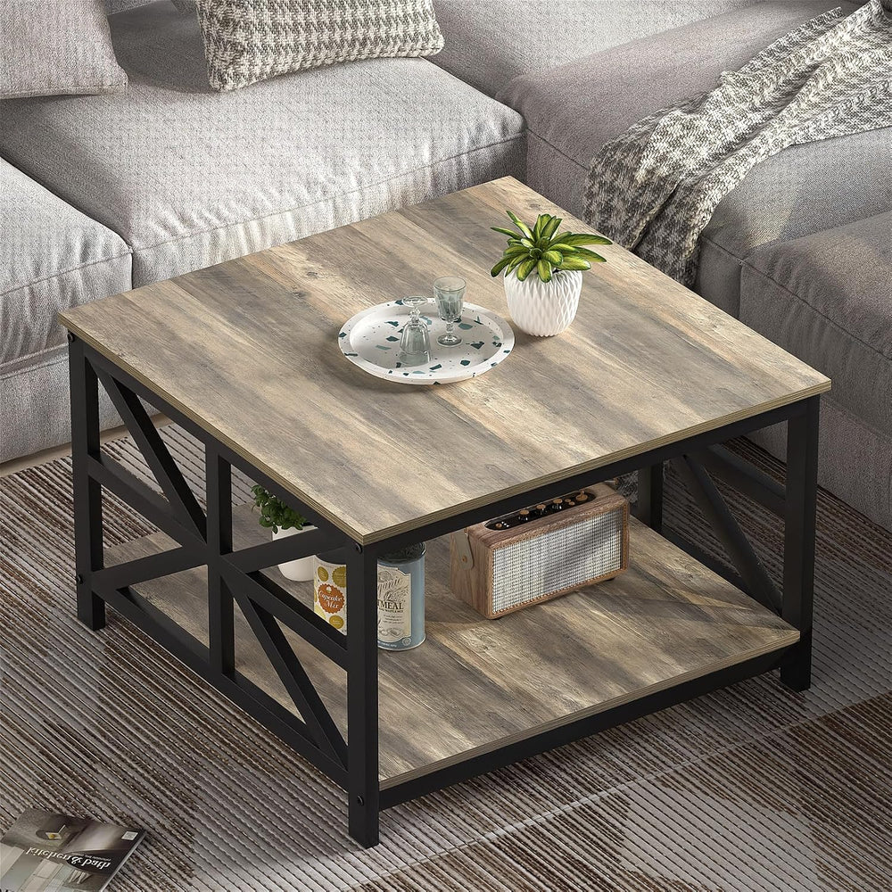 GreenForest 27.55 Inch Square Coffee Table with 2 Tier Storage