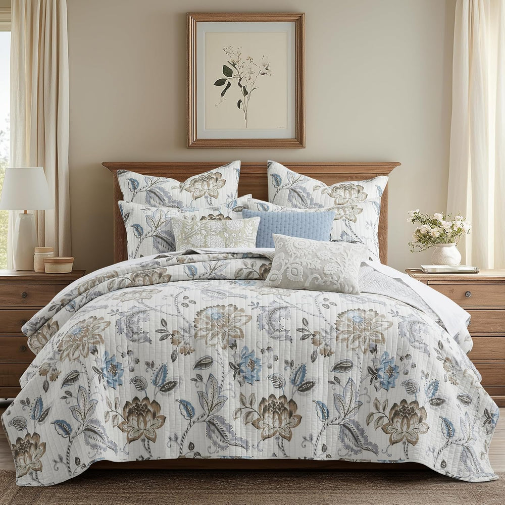 Levtex Home - Maileen Neutral Blue - Euro Sham Set of 2 - Floral - Taupe Blue...