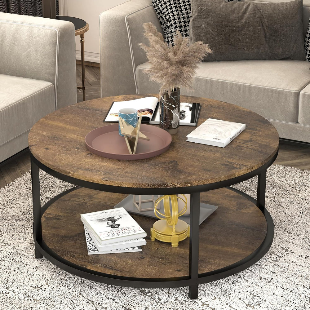 NSdirect 36 inches Round Coffee Table, Rustic Wooden Surface Top & Sturdy...