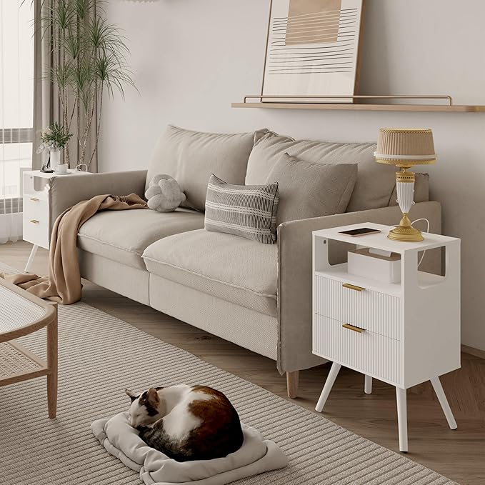 White Nightstand with Charging Station and LED Lights,Modern Bedside Table with 2 Storage Drawer and Open Wood Shelf, for Bedroom and Small Spaces,Night Stand with Solid Wood Legs,White