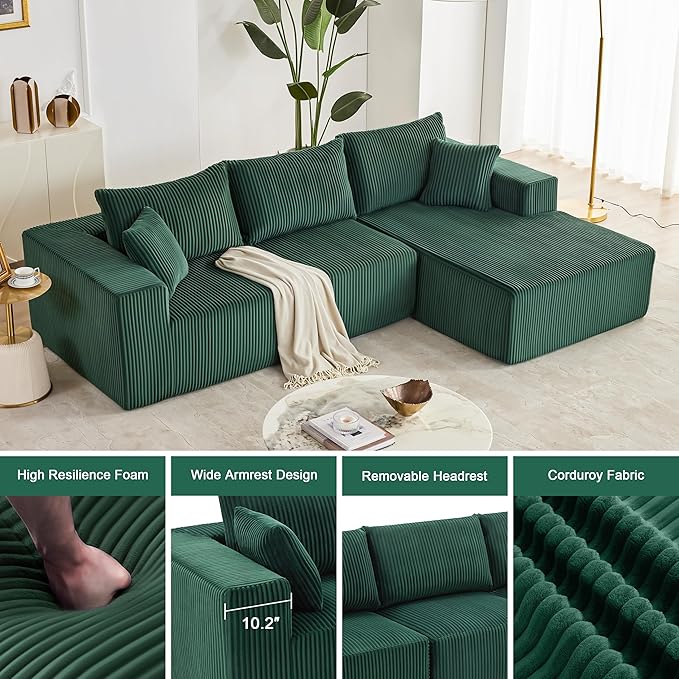 108” Modular Sectional Sofa, Cloud Sectional Couch with Deep Seat, Modern Modular L-Shape Sofa with Chaise,Upholstered Couches for Living Room Bedroom (Corduroy, Green)
