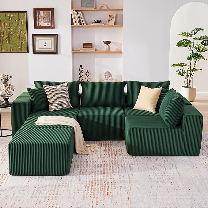 135.4" Cloud Couch Sectional, Modular Sectional Sofa with Deep Seat, Plush Corduroy U Shaped Couch, Convertible Sectional Couches for Living Room, 6Seat, Green