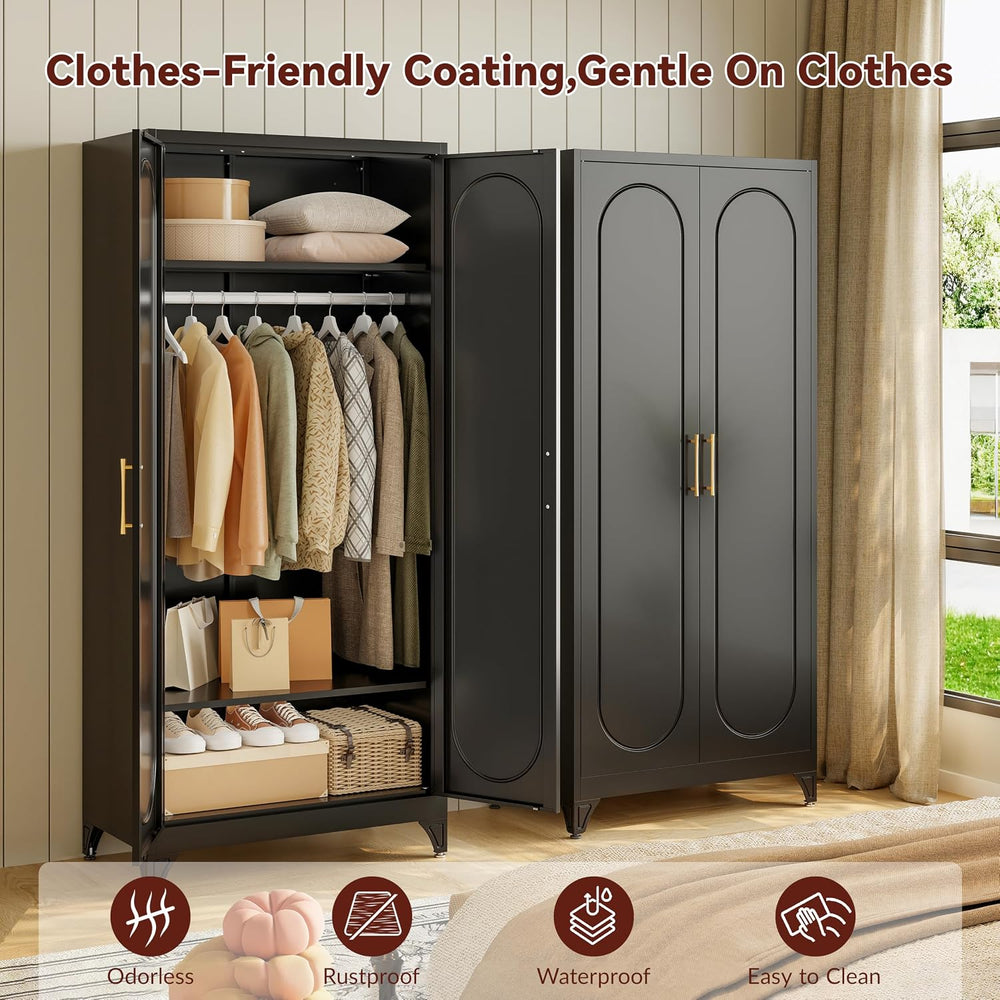 71" Tall Metal Bedroom Armoire, Wardrobe Closet with Doors, Black
