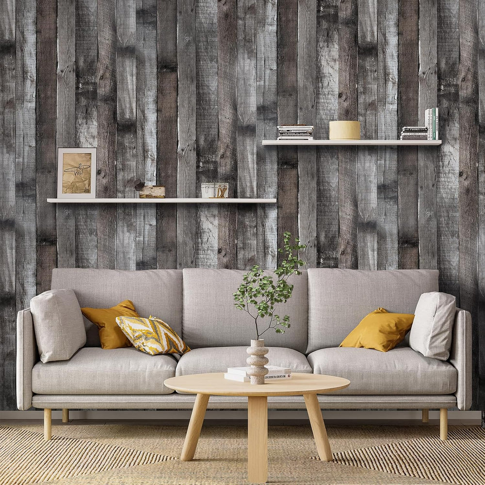 Yun-aeon Natural Wood-Dark Grey Contact Paper Peel and Stick Wallpaper