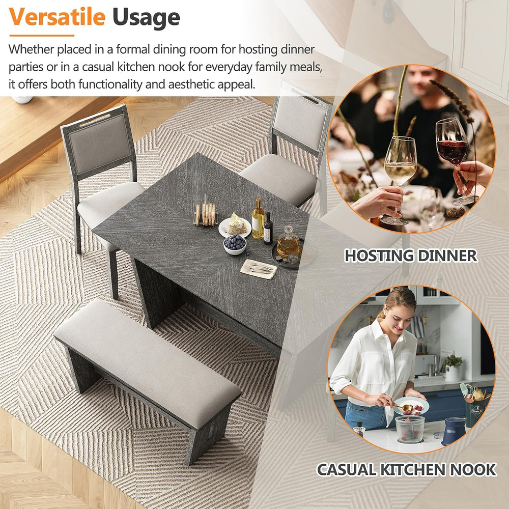 Merax 6-Piece Retro Dining Set with Table, 4 Chairs, Bench, Antique Gray