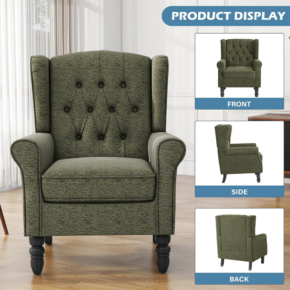 High Back Accent Chair, Fabric Upholstered Wingback Armchair, Green