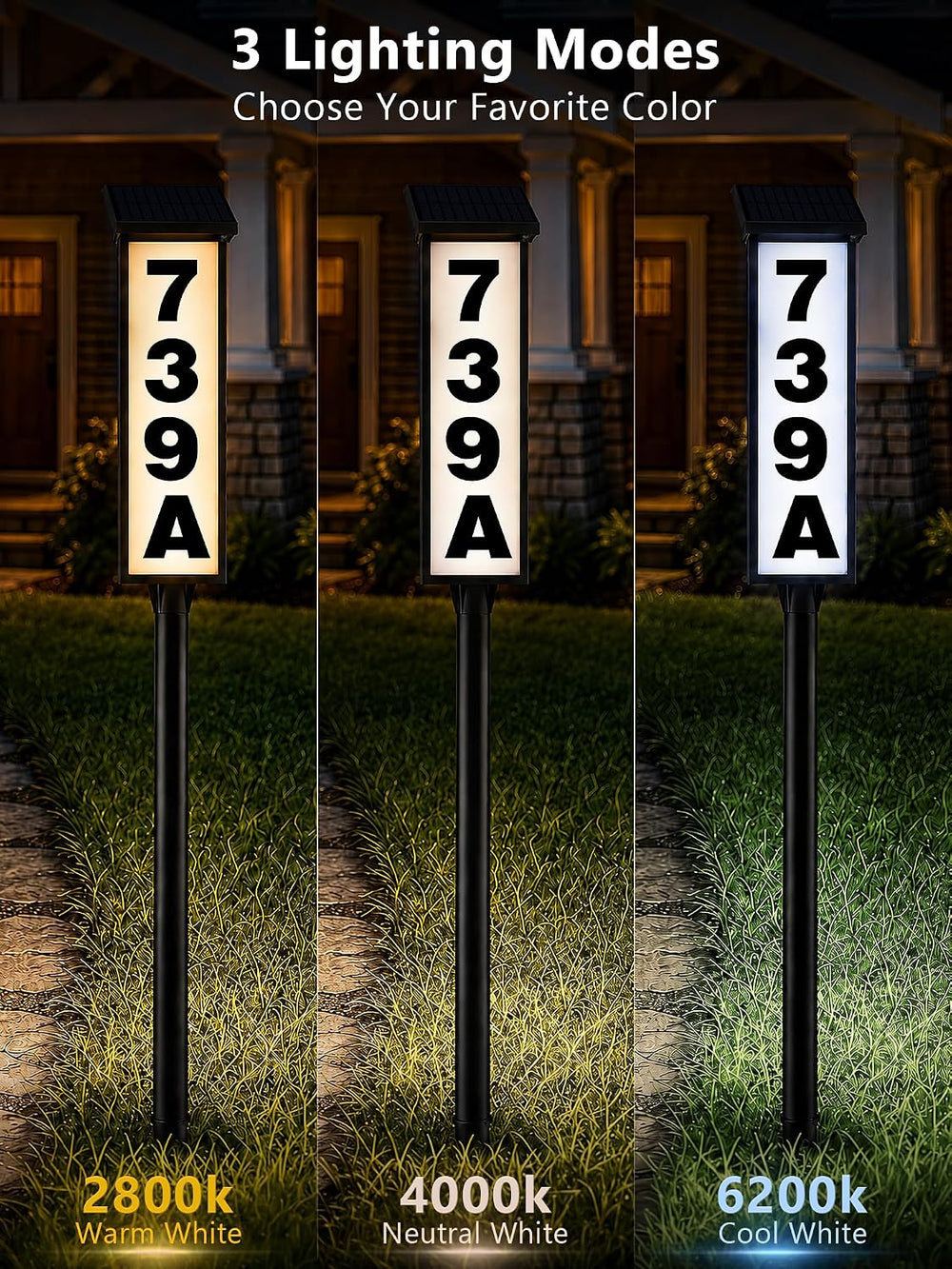 Brizled Solar Address Sign, 3 Color LED Lighted House Number Light Outside