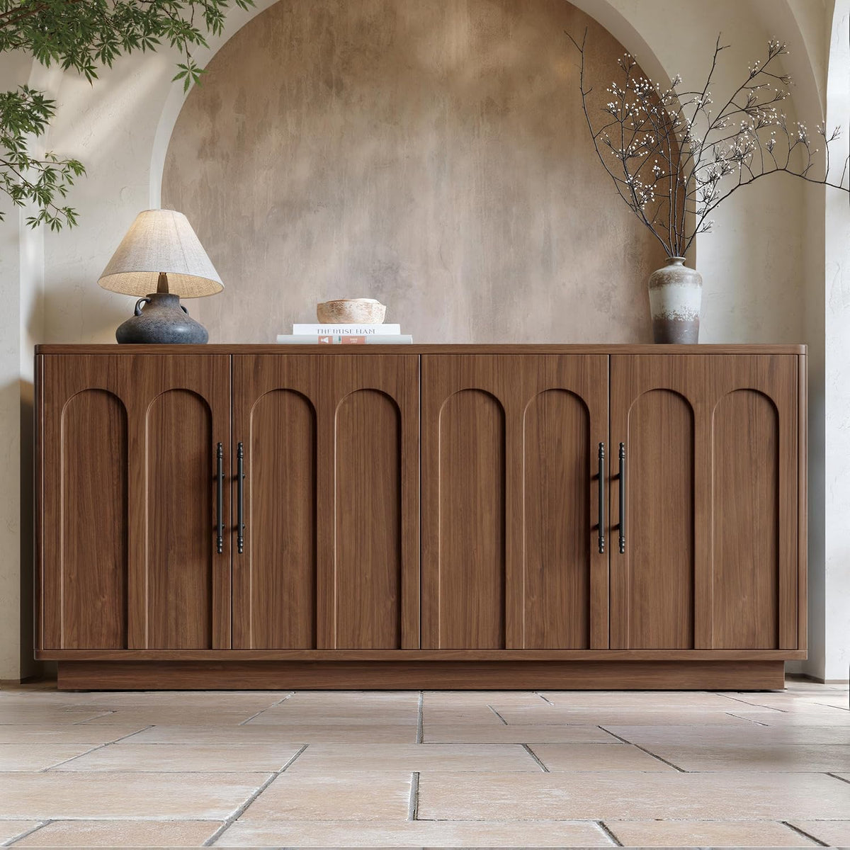 Evermagin 67" Arched Walnut Sideboard Buffet Cabinet with Storage