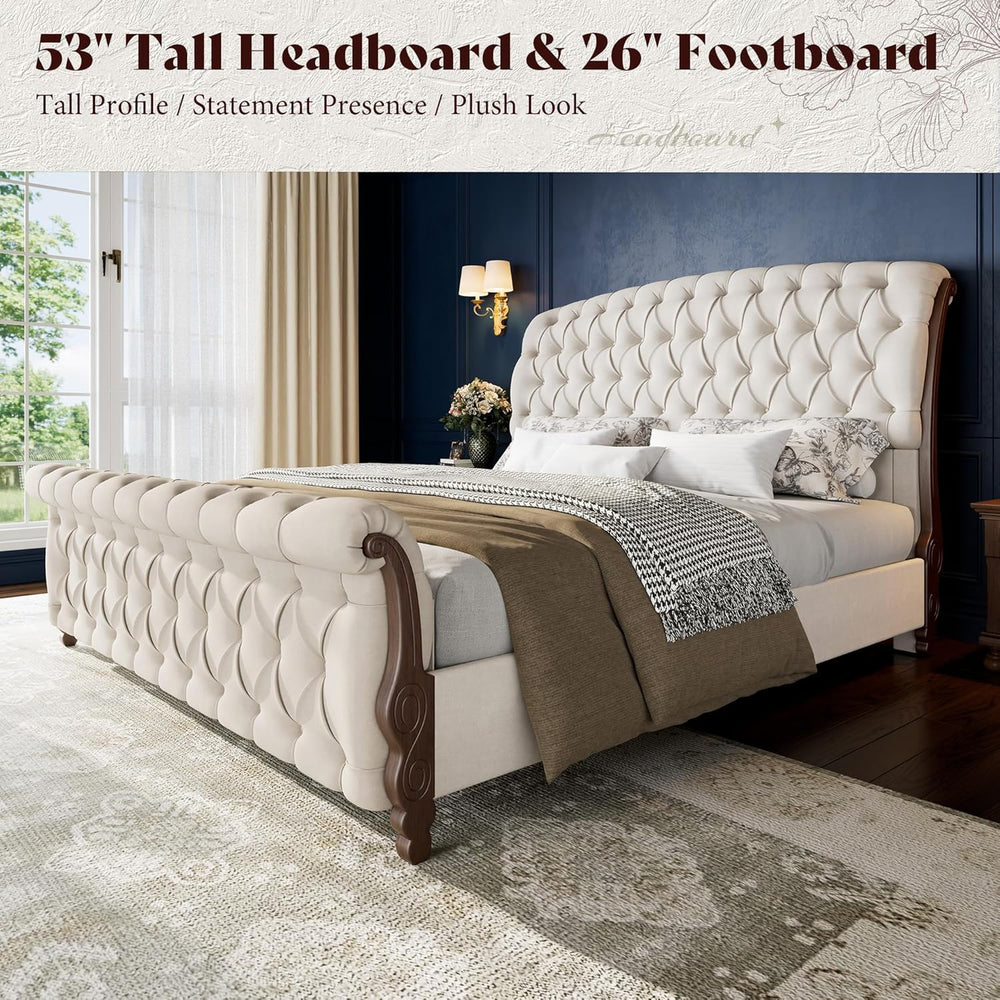 AMERLIFE King Sleigh Bed Frame, Upholstered Tufted Headboard, Cream