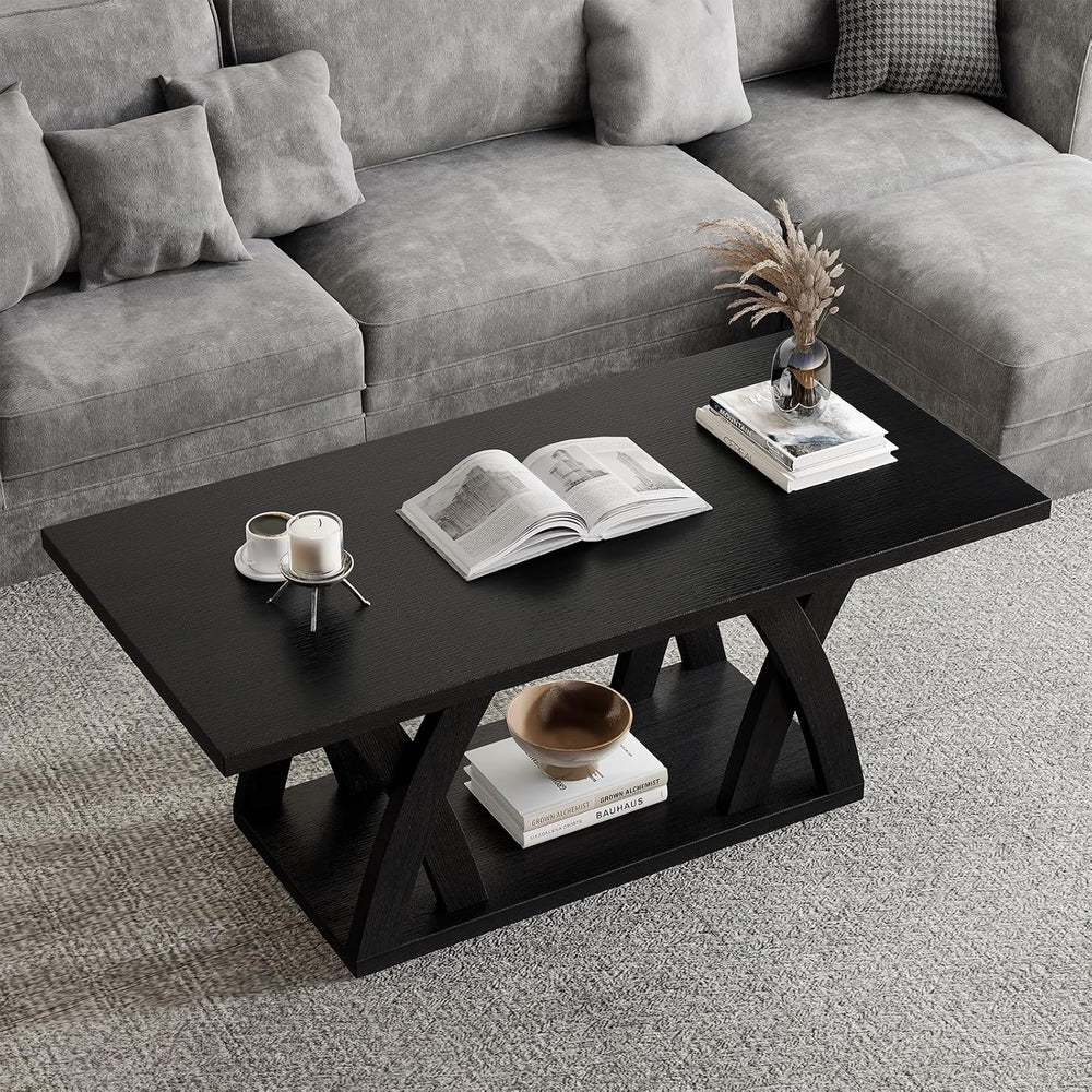 FROMJBEST Wood Coffee Table for Living Room, 47" Center Table, Black