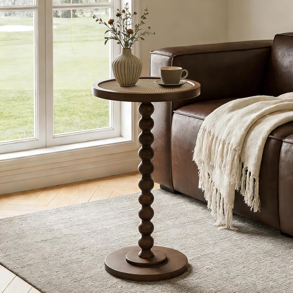 COVLON Solid Wood Drink Table, Small Pedestal Side Table for Small Spaces, Rattan Accent End Table Nightstand with Bread Leg for Living Room, Bedroom, Corners, and Office, Brown