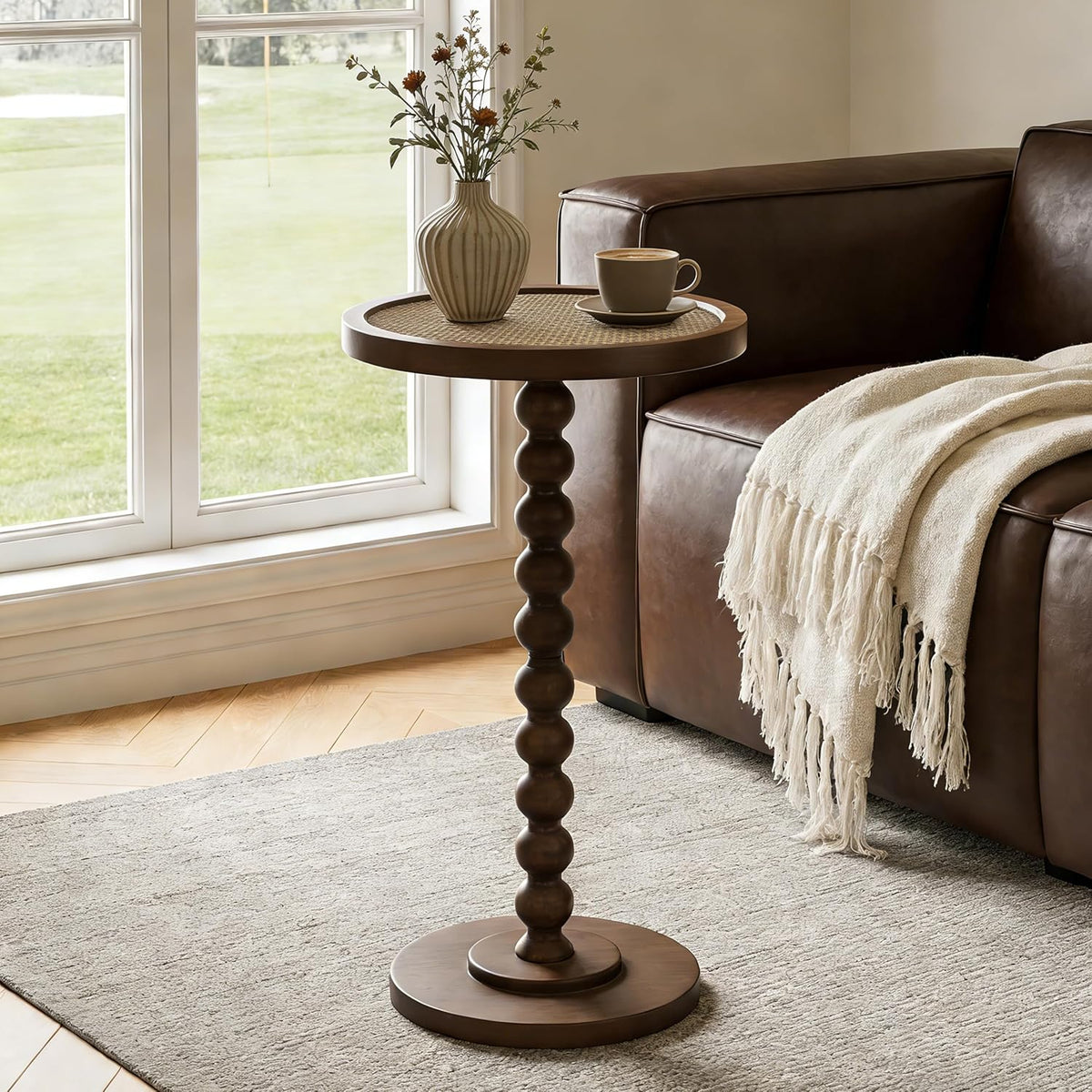 COVLON Solid Wood Drink Table, Small Pedestal Side Table for Small Spaces, Rattan Accent End Table Nightstand with Bread Leg for Living Room, Bedroom, Corners, and Office, Brown