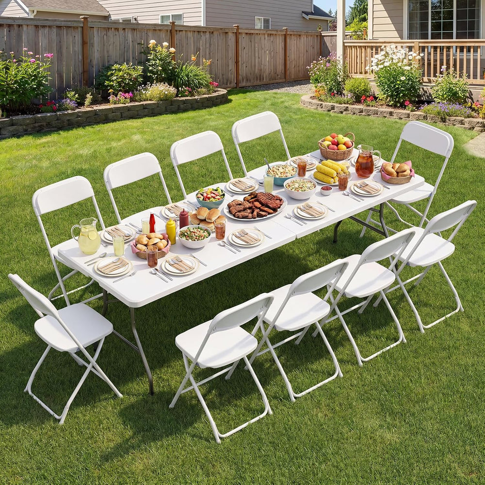 Sweetcrispy 8 FT Folding Picnic Table, with 10 White Folding Chairs
