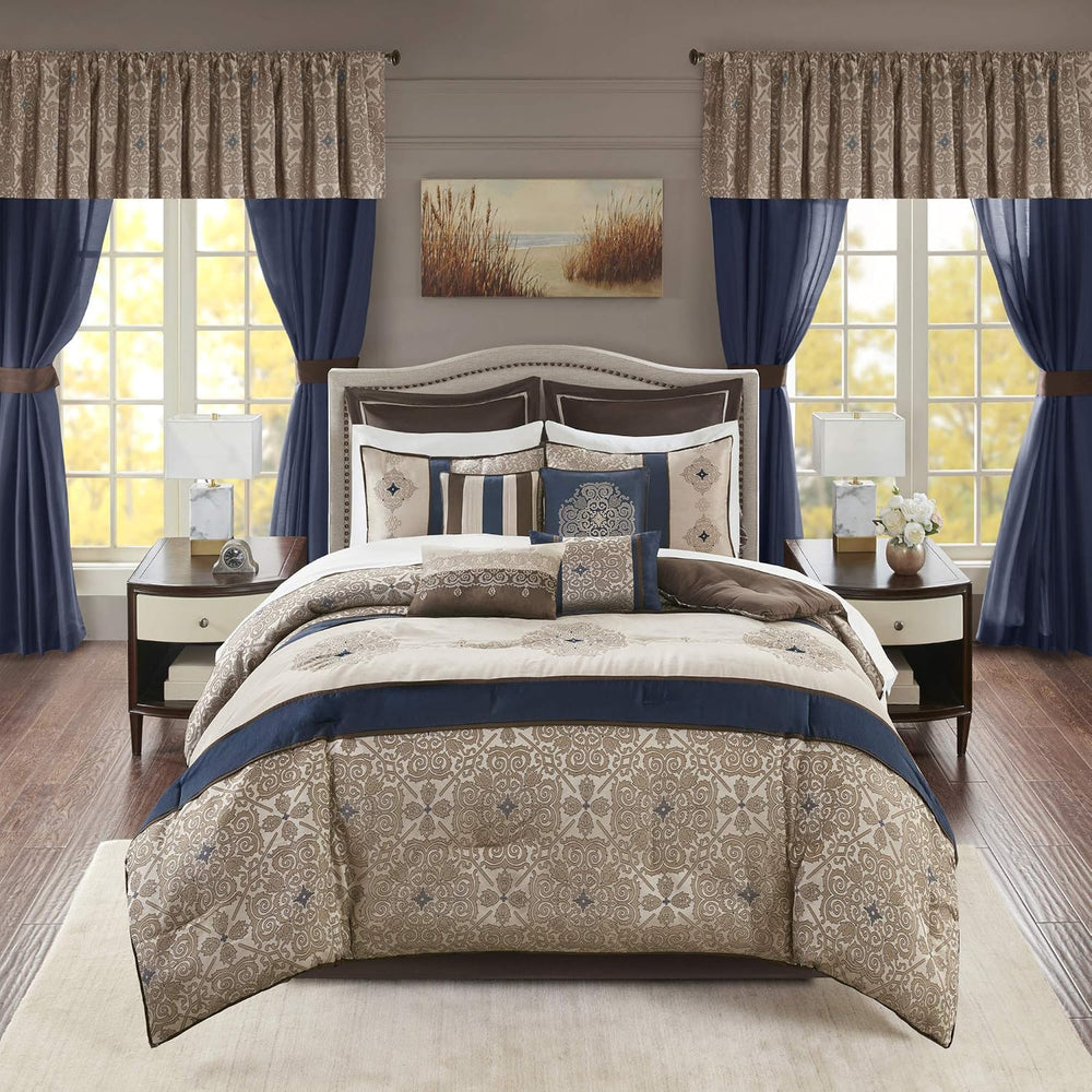 Madison Park Essentials Queen Comforter Set, 24 Piece Room in a Bag Navy