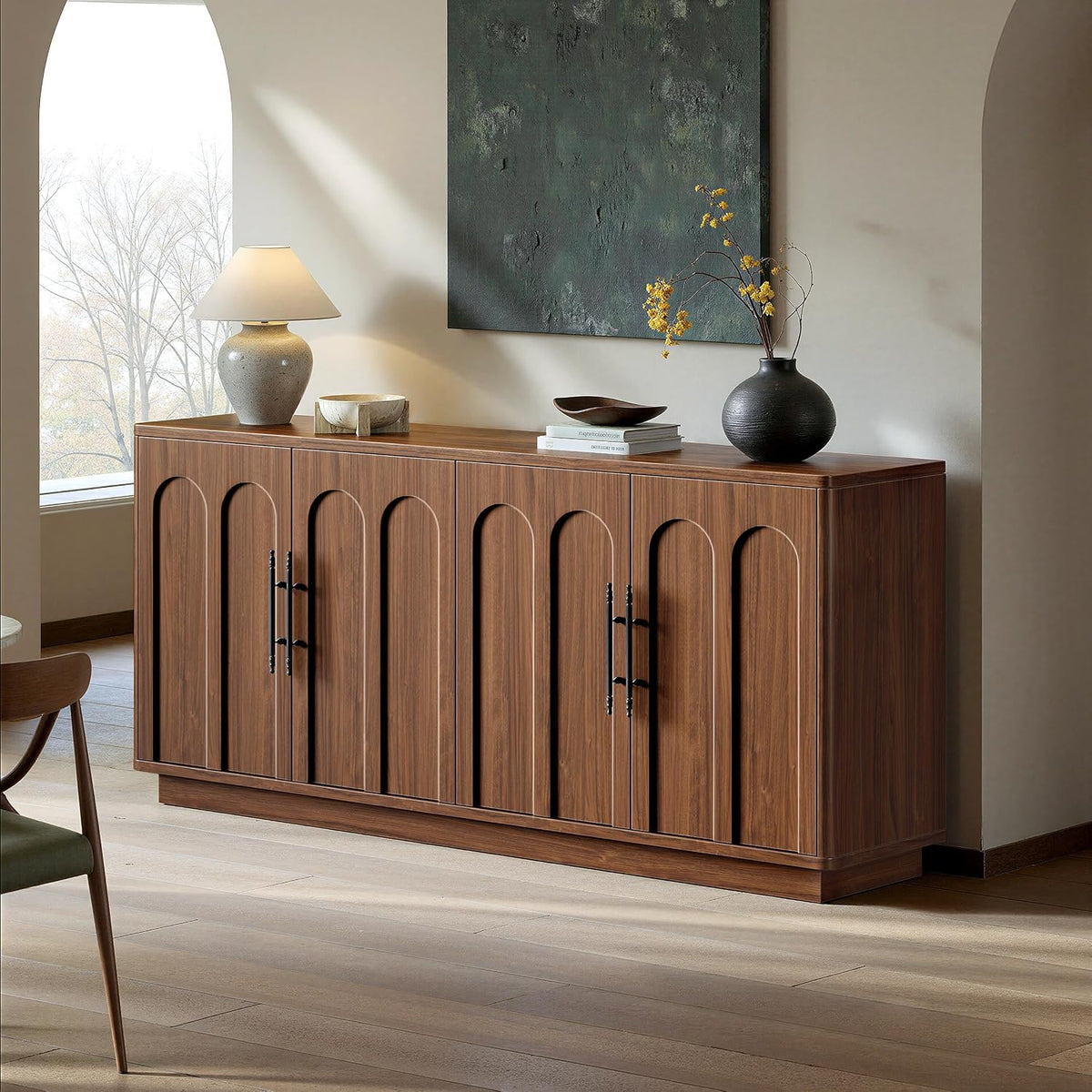 Evermagin 67" Arched Walnut Sideboard Buffet Cabinet with Storage