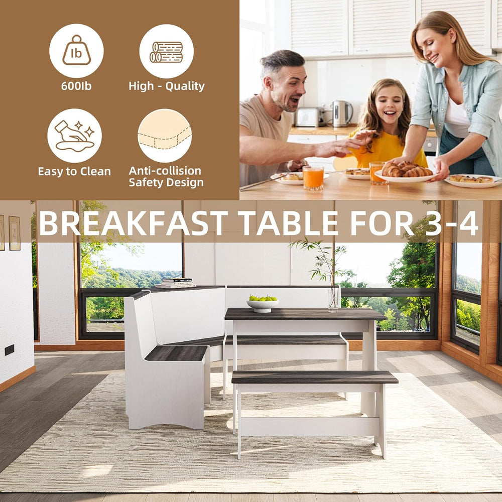 Farmhouse Breakfast Nook Table Set with Corner Bench (White + Gray)