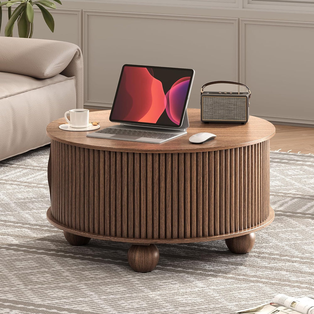 JOINICE 31.5" Round Coffee Table with Storage,Unique Bun Feet,Walnut Finish