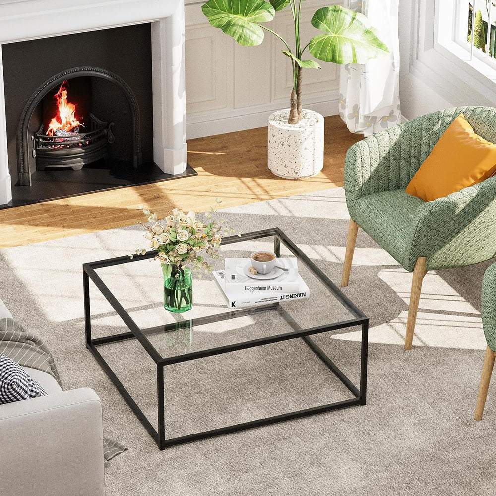 Black Glass Coffee Table for Living Room,Square Coffee Tables for Small Space...